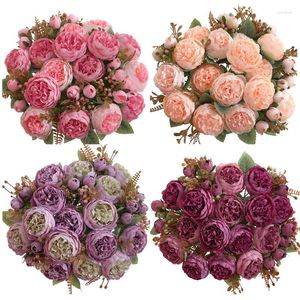 Decorative Flowers Artificial Silk Peony Bouquet Home Living Room Decoration Simulation Flower Tea Bud Pink Peonies Green Plant Party Decor