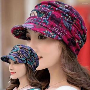 Berretti Cappello da donna a tesa corta caldo berretto pieghevole con paraorecchie stile etnico stampa floreale autunno inverno abbigliamento quotidiano visiera turbante