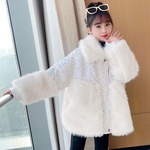 コート318歳の子供の女の子フェイクファーファー服秋の冬の子供コットパッドコート光沢のあるブリングジャケット幼い女の子アウター231009