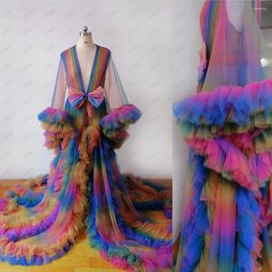 Women's Sleepwear LO&LI Real Picture Rainbow Tulle Robe Birthday Party Dress For Women Ruffles Pregnant Po Shoot Puffy Sleeves Pajamas