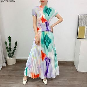 Vestidos de trabalho impresso conjunto plissado feminino 2023 verão temperamento tofu topo 100 grande saia balanço duas peças