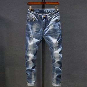 Męskie dżinsy rozryte mężczyźni ciemnoniebieskie rozciąganie Slim Fit Disterted Streetwear Denim Spodnie Casual Retro Biker Man Hiphop2645