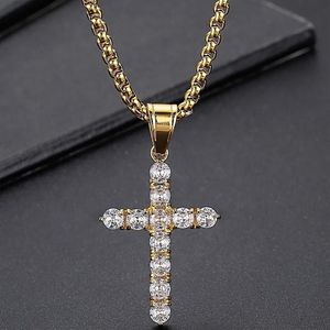 Chains Luxury Gold Plated Stainless Steel & CZ Cross Pendant Necklace For Men Women With 60CM Box Chain Men's Party Choker277H