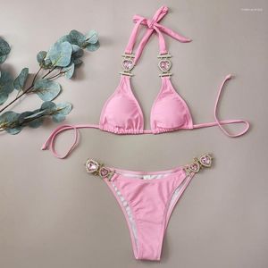 Kadın Mayo Seksi Pembe Bikini Seti Aşk Elmas Zinciri Bandage Mayo Kadınlar 2023 Plaj Kıyafetleri Mayo Takım