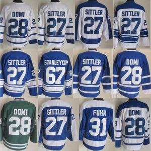 Retro Hóquei Vintage 67 Stanleycup Jersey CCM 27 Darryl Sittler 28 Tie Domi 31 Grant Fuhr Azul Branco Equipe Clássico 75º Aniversário Retire Bordado Mens Pulôver