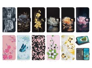 Capa carteira de couro PU flor para Samsung S23 FE Ultra S22 Plus M34 A25 M54 M14 A24 A04E A54 A34 Impressão Borboleta Sakura Blossom Lily ID Card Slot Holder Flip Cover Bolsa