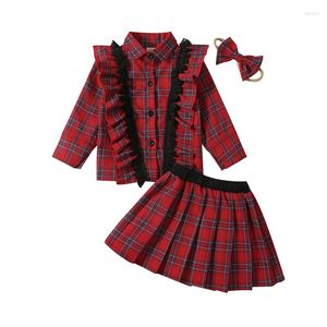 Kläderuppsättningar Pudcocokid Girl Fall 3st-outfit Plaid Print Ruffled långärmad lapelskjorta toppar a-line kjol båge pannband set kläder 2-7t