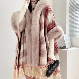 Women futra faux kobiety duży kołnierz zewnętrzny noszenie Zima zagęszcza aksamitna poncho cape w paski drewniany długowy płaszcz luźny płaszcz frędzki z kapeluszem 231010