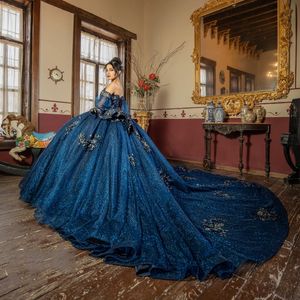 Navy Blue Shiny Tulle Quinceanera Dresses Sweetheart Beads Applique Lace Beads Ball Gown Sweet Sixteen Dress Gowns vestidos de 15