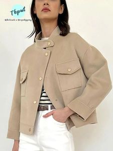 Misto lana da donna Cappotto moda colletto alla coreana monopetto Cappotto da tasca casual a maniche lunghe femminile Autunno elegante Cappotto da donna da ufficio 231010