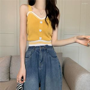 Women's Tanks Women Summer Tops Cute Hear Buttons Basic Knitwear Knitted Camis Female Tank Top White Black Blue Grey Green Yellow Red