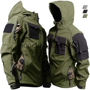 Męskie kurtki Shark Skin Tactical Jacki Mężczyźni Wojsko miękka wodoodporna Windorpood Windproof Kurtka z kapturem na zewnątrz funkcjonalne mundury Multi-Pockets J231010