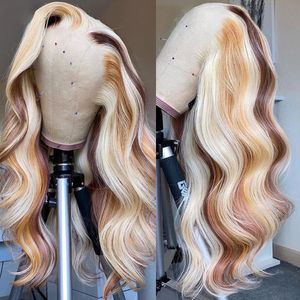 Brazylijskie włosy blondynka Podświetl się perukę body fala 13x4 koronkowe frontalowe ludzkie włosy peruki dla czarnych kobiet przezroczyste koronkowe peruki przednie wstępnie wysponane