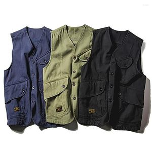 Herrvästar retro ärmlösa toppar jacka män s arbete väst bomull amerikansk casual vintage multi pocket tank ameki cyklist waistcoat