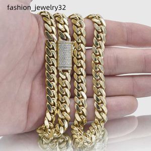 Iced Out Diamond Clasp Thick Miami Moissanite Stainless Steel Gold Cuban Necklace