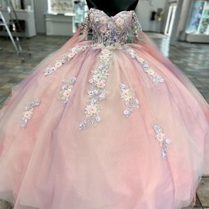 Pink Shiny Sweetheart Tulle Quinceanera Dresses Off The Shoulder Beads Applique Lace Ball Gown Sweet Sixteen Dress Gowns Vestidos 0417