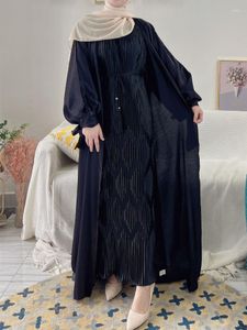 Ethnic Clothing 2 Pieces Matching Muslim Sets Eid Abayas For Women Dubai Shiny Open Abaya Kimono With Pleated Hijab Dress Islamic Outfit