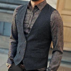 Coletes masculinos cinza espinha de peixe tweed vestido colete retro vintage cavalheiro colete homens negócios formais sem mangas masculino gilet 3xl289s