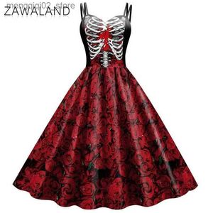 Thema Kostüm Zawaland Halloween Fancy Skeleton Rose Print Frauen Kleid Mädchen Karneval Party Kleider Weibliche Goth Horror Kommen Rockabilly Kleid Q231010