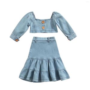 Set di abbigliamento 2 pezzi Bambino per bambini Neonate Abiti autunnali Maniche lunghe a sbuffo Bottoni in denim Crop Top Gonna Set 1-6T