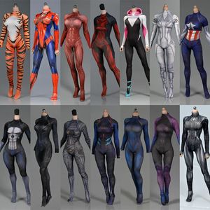 軍事図1/6の女性の高弾性底部ストレッチ驚くべきスパイダーガールタイトジャンプスーツ3Dプリントボディスーツバトルスーツ12インチアクション図231009