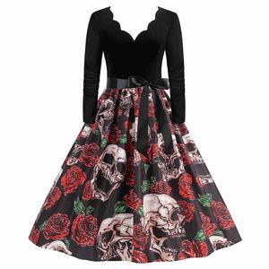 Themenkostüm Retro-Halloween-Kostüm Gruseliges Partykleid Damen 2023 V-Ausschnitt Langarm Skelett-Schädel-Druck Goth Cosplay Pinup Disfraces Mujer x1010