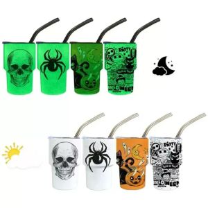 Mini 2oz Sippy Cup Sublimação Copo de Vidro Curto Glow In The Dark Óculos Tumblers Dupla Parede de Aço Inoxidável Copos de Cerveja Isolados a Vácuo com Canudos de Metal 1010