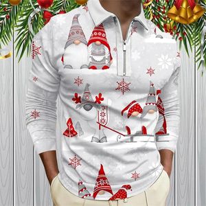 Polos masculinos 2023 Natal Lapela Meia Zíper Impressão Blusa Festa Engraçada Presente Férias de Inverno Camisa Masculino Manga Longa