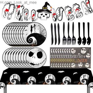 Andra evenemangsfestleveranser Halloween Horror Skull Birthday Celebration Decorations Disponible Cutlery Cup Plate Papper Banner Balloon Wedding Kid Gift Q231010