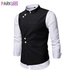 Erkek yelek siyah stand yaka erkek elbise yelek moda şık ince fit kolsuz yelek erkek resmi iş Gilet Homme 231010