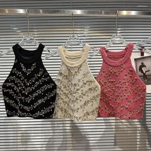 ノースリーブホルター刺繍ビーディングニットタンクトップ女性ショートベスト春夏コレクション