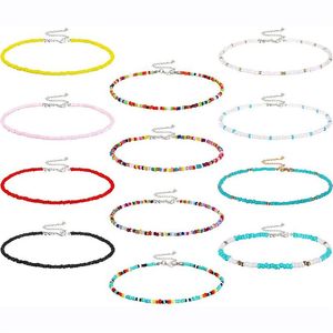 QIMOSHI 12PCS Boho Glass Seed Beads Choker Necklace Colorful Beaded Rainbown Beach Bead Choker Necklaces for Women222o