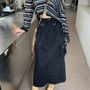 Saias femininas retro preto workwear saia cintura alta casual monocromático versátil escritório senhora bolsos rua outono