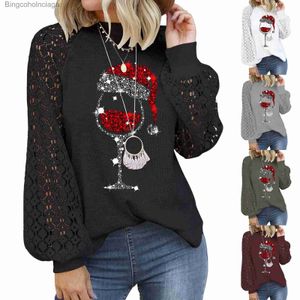 Kvinnors tröjor Kvinnor Vin Glas Julhatt svart långärmad t-shirt Xmas Casual Lace Crochet Top T-shirt Harajuku Fashion Christmas Sweaterl231010