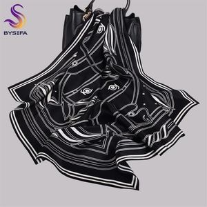 Bysifa New Brand Women 100％Silk Scarf Shawl Black Striped Square Scarves 70 70cm春秋ファッション女性ネックScarf243J