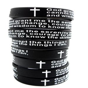 100pcs Inspirational English Serenity Prayer Silicone Bracelets Christian Men Cross Fashion Wristbands whole GOD SERENITY Jewe242A