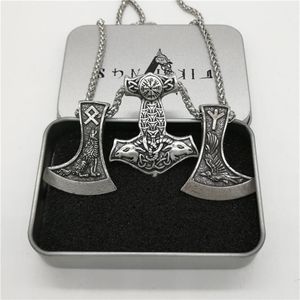 Pendant Necklaces Goat Hammer Raven Rune Axe Necklace Men Collier Viking Pagan Jewelry2337