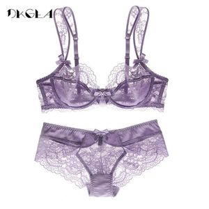 Reggiseno scava fuori Set intimo in pizzo trasparente Set lingerie sexy ultrasottile Set donna ricamo Plus Size Set reggiseno e slip viola Y20279f