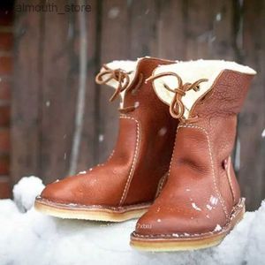 Botlar vintage tereyağı-yumuşak su geçirmez yün astar botlar ayakkabı bayanlar buzağı-boots dantel up düz kış katı dikiş orta koruma outwear q231010