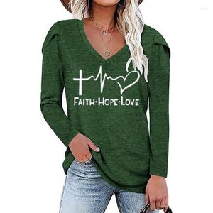 Women's T Shirts Fashion Faith Letters Print T-Shirt For Women Petal Sleeves V-Neck Pleated Long-Sleeved Tops Tumblr