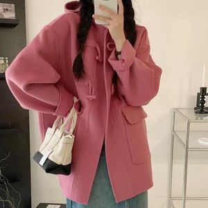 Повседневные платья 2023 Премиум малиново-розовое шерстяное пальто женское короткое двустороннее кашемировое пальто с капюшоном