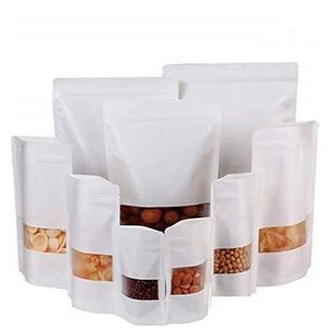 Packing Bags Wholesale 100Pcs/Lot Kraft Paper Bags White Zipper Bag Stand Up Food Pouches Resealable Packaging With Matte Window Offic Dhawz