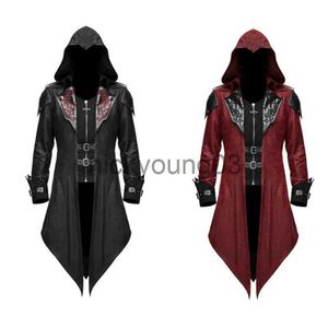 Tema kostümü gotik kapüşonlu deri ceket ceket cosplay kostüm partisi karnaval moda şov kostümleri retro dikiş siyah kırmızı karanlık giyim x1010