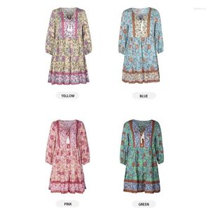 Повседневные платья Женское Свободное мини-платье с рукавами 3/4 и V-образным вырезом в этническом стиле с цветочным принтом N7YD