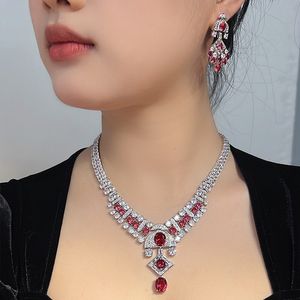 Designer Collection Fashion Style Necklace Earrings Women Lady Inlay Red Cubic Zircon Diamond Tassels Pendant Choker Jewelry Sets