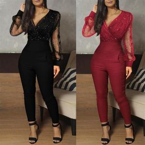 Macacões femininos macacão macacão mulheres bodysuits sexy jump ternos para plus size noite elegante preto manga longa roupas292o