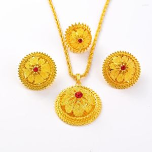 Necklace Earrings Set Gold Plated Classic Round Red CZ Jewelry Chain Ring Pendant Ethiopia Eritrea Men Women's Habesha Wedding Party Gift