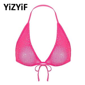 Bras Women Triangle Bra Tops Shiny Rhinestone Halter Neck Hollow Out Fishnet Cups Soft Comfortable Sexy Sheer Bralette2764