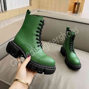 Thick Sole Lace Up Short Boots Woman Mid Calf Genuine Leather Solid Color Patchwork Khaki Female Lace Up Round Toe Flat Motorcycle Shoes Women