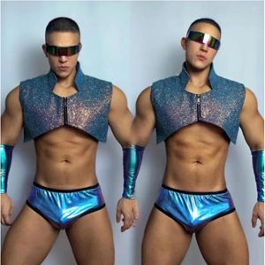 Stage Wear 2023 Sequins Tops Laser Shorts Male Pole Dance Costume Nightclub Bar Gogo Dancer Outfit Dj Rave Clothing